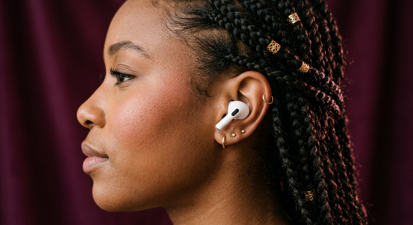 Perfil de una mujer con un auricular inalámbrico blanco en la oreja